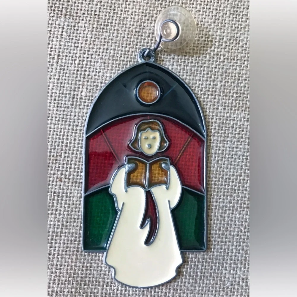 Vintage Christmas Sun Catcher Choir Singer Church Stained Glass Pewter Frame